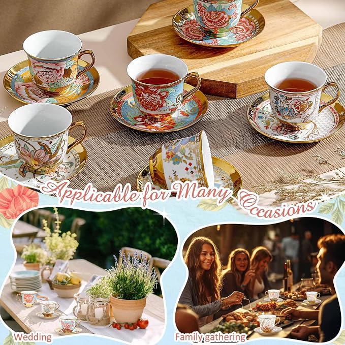 Teenyyou Set of 18 Tea Cups and Saucers Tea Party Decorations Floral Porcelain 5.4 oz British Gift for Women Birthday Party, Church, and Mother's Day (Vibrant Style)