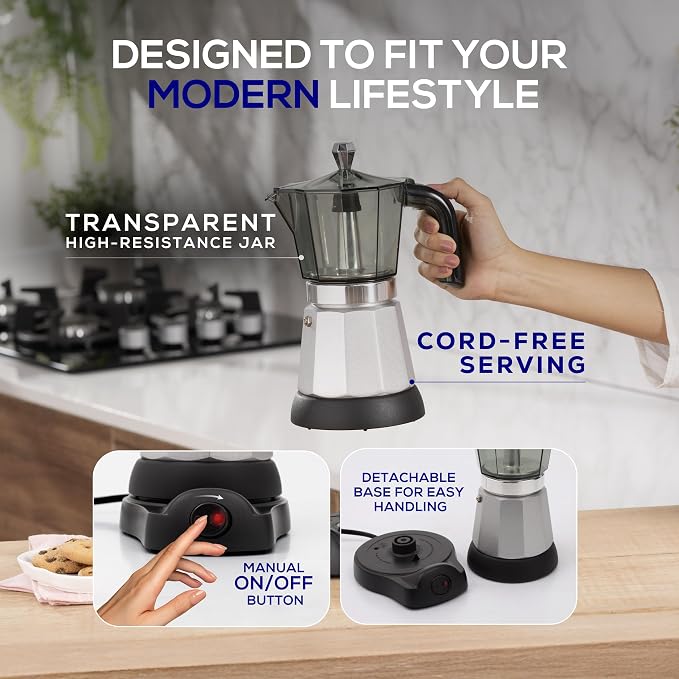 universal Electric Moka Pot 6 Cup (300ml), Cuban Coffee Maker 480W, Portable Espresso Maker with Detachable Base, Easy One-Touch Brewing, No Stove Needed