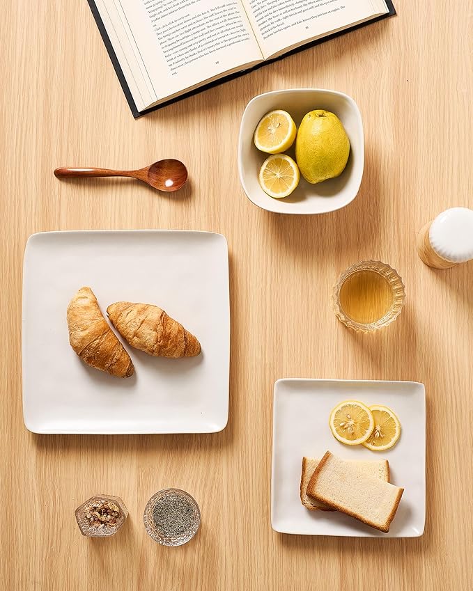 Famiware Stoneware Dinnerware Sets for 4, Ocean Square 12-Piece Kitchen Plates and Bowls Sets, Microwave and Dishwasher Safe, Scratch Resistant, Matte White