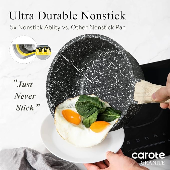 CAROTE 1.5Qt & 3.0Qt Sauce Pan Sets with Lid Cooking Pots Nonstick Saucepans Cookware Set with Pour Spout Small Kitchen Pot, Induction Comptable, Easy to Clean, PFOA FREE (Classic Granite)
