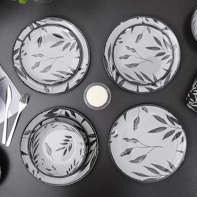 12pcs Melamine Dinnerware Set - Service for 4 Melamine Plates and Bowls Set, Unbreakable Dinner Salad Dessert Plate, Cereal Bowl Set for Indoor/Outdoor, Gray Leaf
