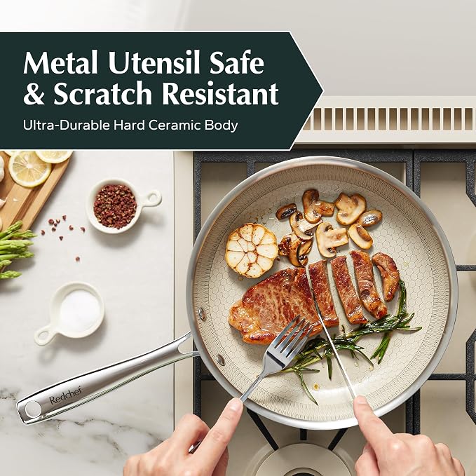 Redchef Nonstick Frying Pan Set Tri-Ply Hybrid Ceramic Frying pan 3 Piece, 8, 9.5, 11 Inch, Kitchen Frying Pans, Skillet PTFE PFAS-Free, Dishwasher and Oven Safe, Induction Ready, All Cooktops