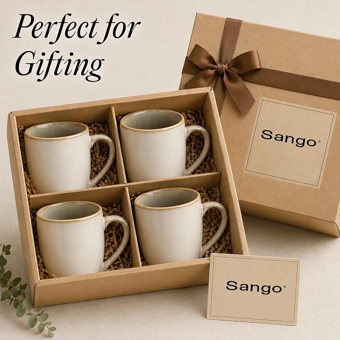 SANGO Resona Moss Stoneware Heat Resistant Coffee Mugs, Microwave and Oven Safe, 12 oz, White, 4 Count