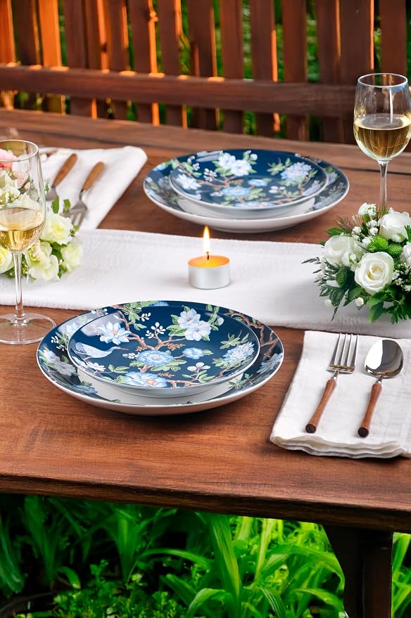 222 Fifth 12-Piece Porcelain Dinnerware Set for 4, Luxury White & Bohemian Blue Plates and Bowls Set, Glossy Ceramic Dish Set with Detailed Floral, Microwave & Dishwasher Safe Dishes, Nightingale