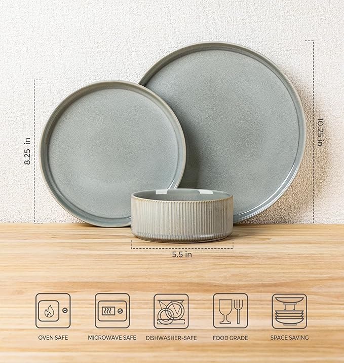 TheTerra Ceramic Dinnerware Sets for 6, 18 Pieces Porcelain Lightweight Plates and Bowls Sets, Scratch Resistant Dish Set, Oven & Microwave & Dishwasher Safe, Desert Sage