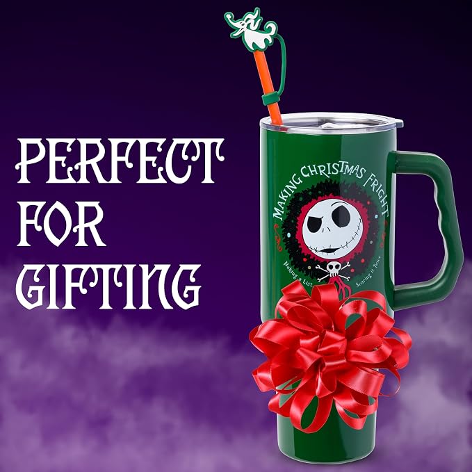 Silver Buffalo Disney Nightmare Before Christmas Making Xmas Fright Jack Skellington & Zero Double Walled Stainless Steel Tumbler w Handle, Straw, and Straw Cap, Fits in Standard Cup Holder, 40 Ounces