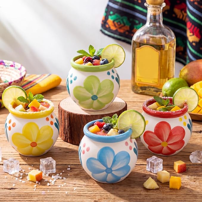 Gejoy 24 Pcs 3oz Cantaritos De Barro Shot Mini Clay Cups Jarritos De Barro Mexicanos Taco Cocktail Glasses for Tequila, Margaritas, Mojitos, Mojitos Cold Hot Drinks (Bloom)