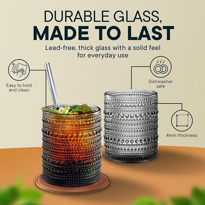 12 Oz Hobnail Drinking Set, Smokey Gray, Set of 12 | Vintage Embossed Glassware, Textured Tumblers, Includes Straws and Coasters, For Water, Beer, Cocktails, Mocktails, Whiskey