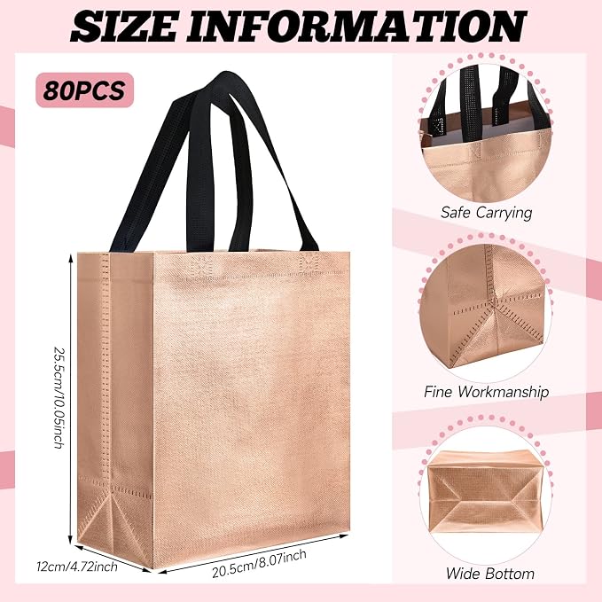 Eccliy Reusable Gift Bags Set Glossy Grocery Gift Tote Bag with Handle for Wedding, Bridal Shower, 4th of July, Summer Event(10 x 8 x 4.7 Inch,Champagne,80 Pcs)