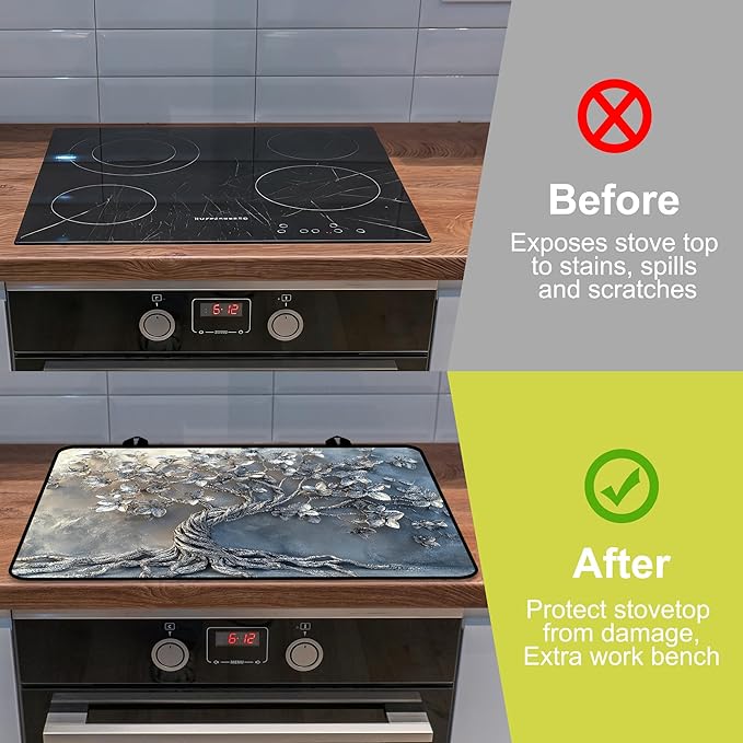Glass stove top cover 28"x 20", Stove Top Covers for Electric Stove, Flat Range Mat for Glass Cooktop, Kitchen Heat-Resistant Protector Mat Non-Slip Drying Ma (Silver Tree)