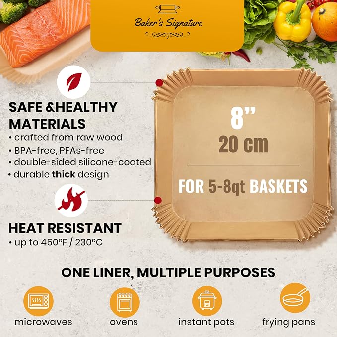 400Pcs Air Fryer Liners Disposable, Non-Stick and Oil Proof for Easy Cleanup Airfryer Liners, 8” Square for 5-8 qt Basket by Baker's Signature