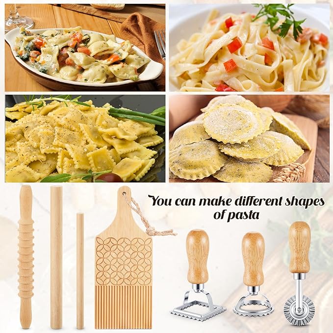 Tioncy 7 Pcs Pasta Making Tool Set, Wood Gnocchi Board with Ravioli Stamp Ravioli Maker and Rolling Pin Homemade Gnocco Maker, Kitchen Gift for Home Cooks and Baking Lovers(Pattern Gnocchi Board Set)