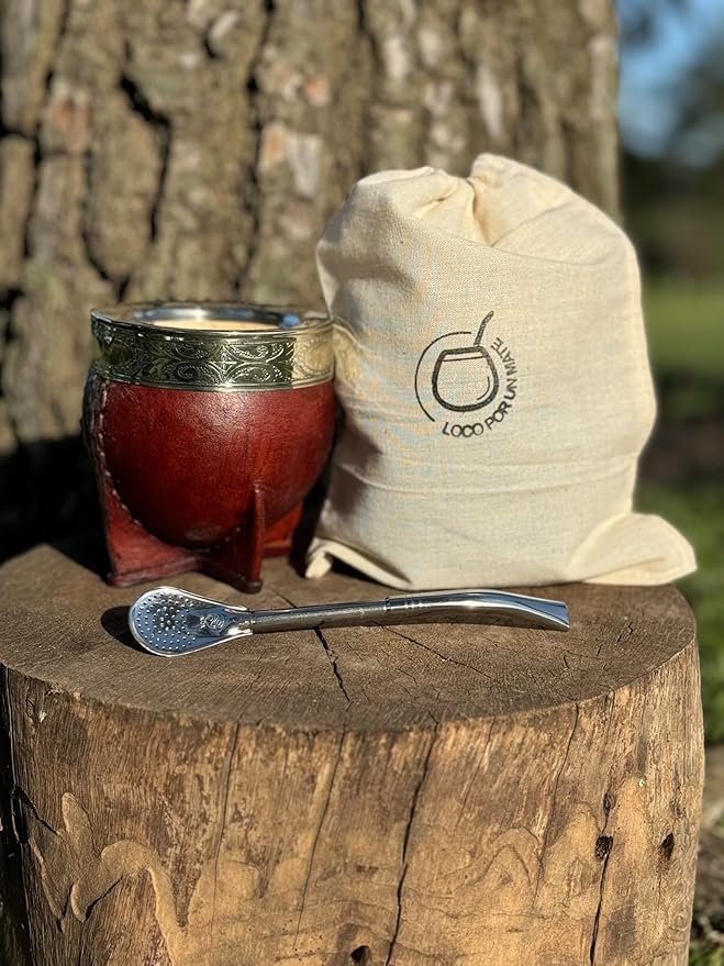 Mate Imperial Argentino, With Straw Tea Gourd Mug One Bombilla Mate (Straw), Wrapped Handmade Leather, Includes Premium Packaging (Brown)