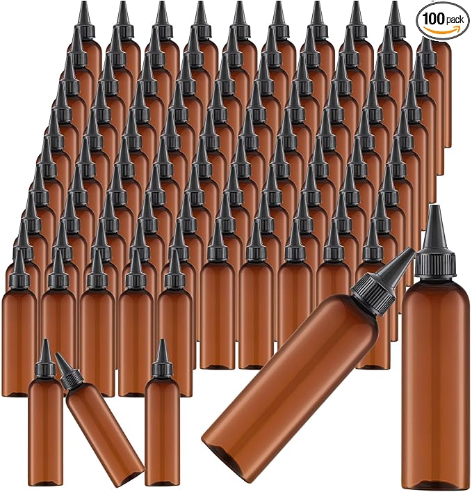 Irenare 100 Pcs 4 oz Plastic Squeeze Bottles Bulk Hair Oil Applicator Bottles Boston Empty Squeeze Condiment Bottle with Twist Top Cap Leak Proof for Liquids Oils Art Crafts Household Kitchen (Brown)