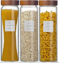 Wissy&Konny 3 Pack Glass Pasta Storage Containers with Screw wood Airtight Lid, 70oz Tall Glass Jar with Lid Spaghetti Container Storage for Pasta,Spaghetti,Cereal (132 Pantry Labels)