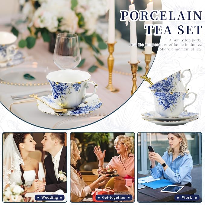TATSUMI Country Roses Bone China Tea Cup and Saucer Set, 3 Pieces, Vintage Style, For Women and Tea Parties(Rose Blue,1 Set)