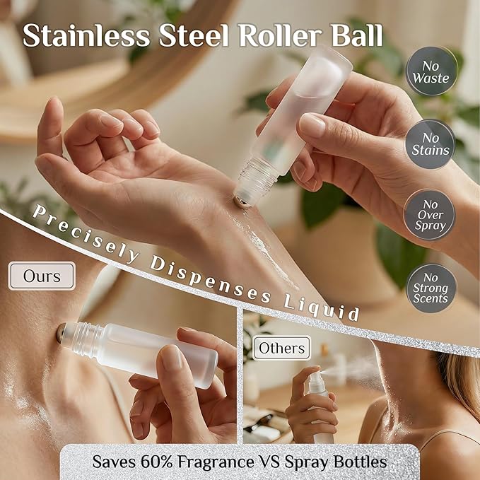 PrettyCare 4 Pack, 10 ml Essential Oil Roller Bottles with Stainless Steel Roller Ball - Refillable Leak-proof Empty Thick Frosted Glass Roll on Bottles with Silver Caps for Travel, Perfume