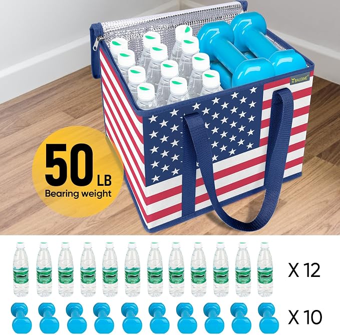 BALEINE 1Pk Insulated Reusable Grocery Bags, Foldable Shopping Bags for Groceries with Reinforced Bottom & Handles (Patriot Celebration)
