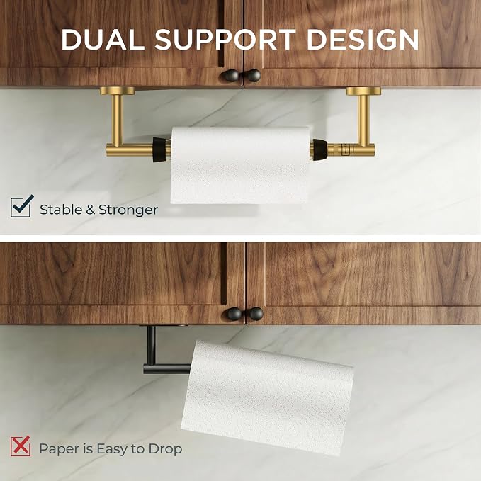 FORIOUS Paper Towel Holder Under Cabinet, SUS304 Wall Mounted Commercial Paper Towel Holder, One-Handed Tear Hanging Paper Roll Holder with Ratchet Mechanism for Kitchen Bathroom (Brushed Gold)