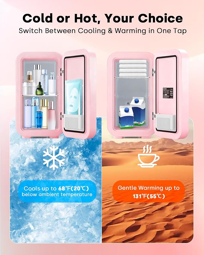 Enventor Mini Skincare Fridge Small Refrigerator for Bedroom, Beauty Fridge for Makeup with Dimmable LED Mirror, 6 L / 8 Cans Compact Portable Cooler for College Dorm, Office, Car, Pink