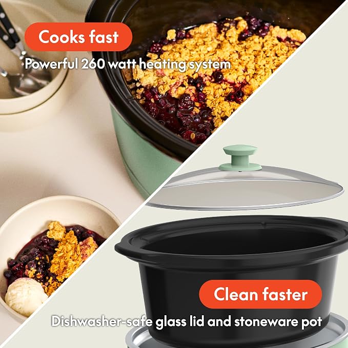 bella 6.0 Qt Manual Slow Cooker, Ceramic Nonstick Coating, 3 Temperature Settings, Dishwasher Safe Stoneware Pot and Tempered Glass Lid, Cool Touch Handles & Tangle Free Cord Wrap, Seaglass