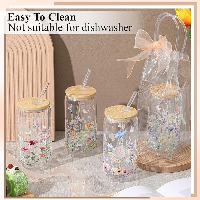 Mumufy 16 Sets Wildflower Glass Cups with Clear Gift Bag 16 oz Reusable Pink Iced Coffee Mugs Aesthetic Cute Tumbler with Lids and Straws, Gifts for Girls Women Bridesmaid