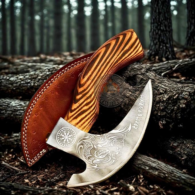 Pizza Cutter Axe with Leather Sheath - 10” Carbon Steel Axe Blade with Pure Wood Handle - Viking Style Pizza Cutter Skull Design - Ideal Christmas Gift for Him and Her