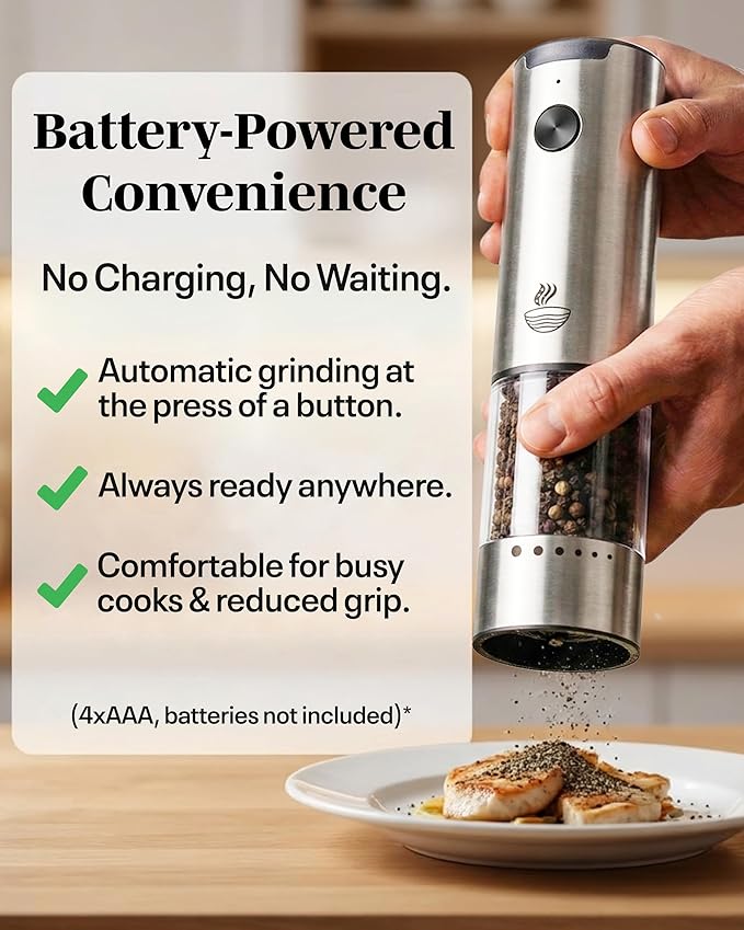 Electric Salt and Pepper Grinder Set - Silver 2 Pack Battery Operated Mills with 95ml Large Capacity, Adjustable Coarseness, Built-in LED Light, Automatic Salt & Pepper Shakers for Kitchen