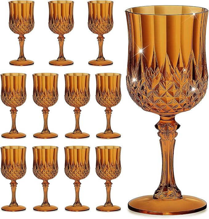 7OZ Plastic Wine Glasses, Reusable Vintage Goblets Unbreakable Drinking Glasses Crystal Water Cups Champagne for Wedding, Parties (12, Amber)