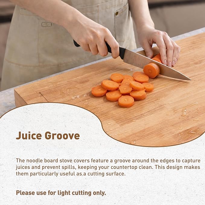 Rubberwood Stove Cover for Gas & Electric Burners, 28.82”x20.83”x2.12'' (Inner) Noodle Board with Handles, Cutting Board with Juice Groove, Serving Tray (Natural Rubberwood)