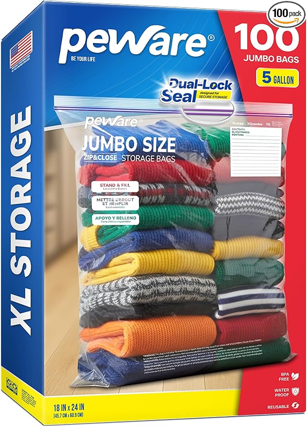 Large Storage Bags, 18"x24" Jumbo Plastic Bag, BPA Free, 5 Gallon XL Zipper Lock Baggies for Clothes Pillow Travel Moving - 100 Jumbo Bags