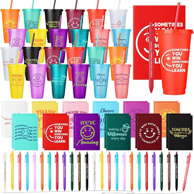 Feifeiya 72 Pcs/ 24 Set Thank You Gift Bulk 24 oz Employee Teacher Appreciation Tumbler with Lids and Straws Motivational Pens Inspirational Notepads Set Plastic Cups Gift for Team Staff Coworker