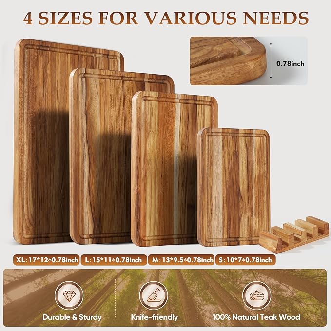 4 Pack Teak Cutting Board Set for Kitchen Wood Cutting Board Heavy Duty Non Toxic Non Slip Solid Thick Wooden Chopping Board