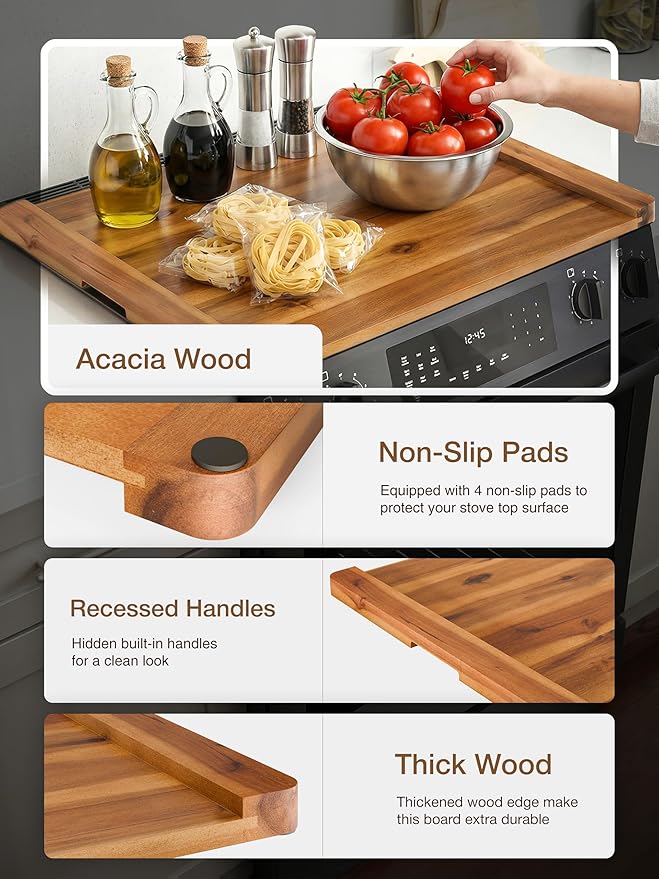 TIDITA Acacia Wooden Stove Top Cover - 29.5x21.7 Noodle Board Stove Cover - Stove Top Cover For Gas Stove, Electric Stove/Countertop - Gas Stove Cover Board with Recessed Handles, No Assembly Required