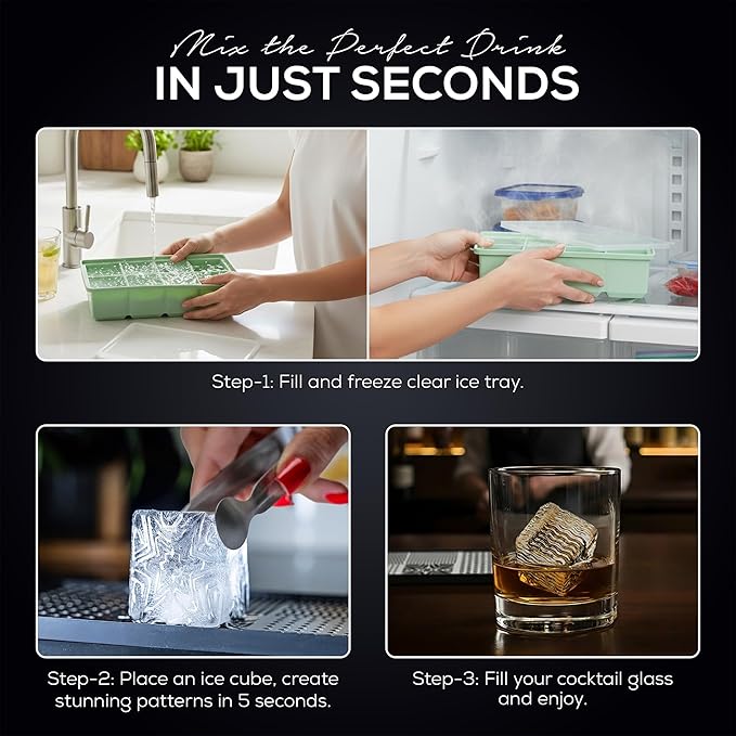 Ecozoi Stainless Steel Ice Cube Tray Design Set – Stainless Steel Ice Stamp with Silicone Drip Mat, Large Cube Tray & Tongs – Designer Stamps for Cocktails Slow-Melting Cubes