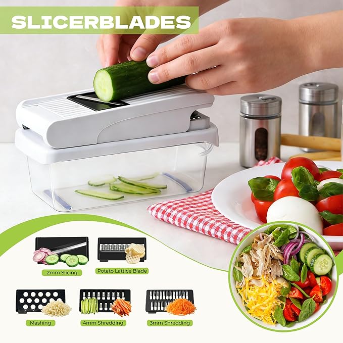 Multifunctional 17 in 1 Mandoline Slicer for Kitchen, Potato Slicer & Veggie Chopper with 6 Blades, Peeler, Safety Gloves, Easy Clean Food Chopper