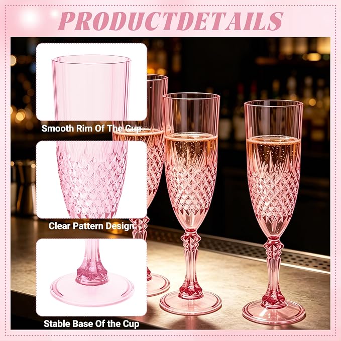 Plastic Champagne Flutes, Champagne Glasses Bulk, Reusable Unbreakable Acrylic Wine Glasses Goblets for Weddings Bachelor Parties Toasting Bridal Shower (24, Pink)