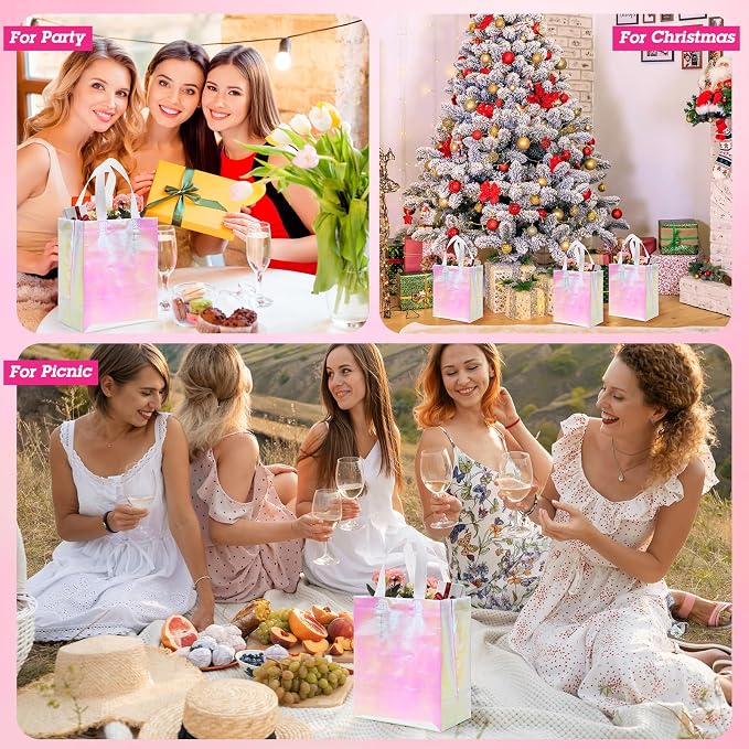 Eccliy Reusable Gift Bags Set Glossy Grocery Gift Tote Bag with Handle for Wedding, Bridal Shower, 4th of July, Summer Event(10 x 8 x 4.7 Inch,Holographic Pink,80 Pcs)
