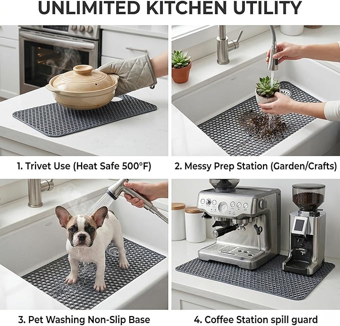 Silicone Sink Protectors for Kitchen - Non-Slip Heat Resistant Grid Mat for Farmhouse Porcelain Stainless Steel, Protects & Cushions Your Sink(Gray 1PCS, 28.5"x14.5" Right-Side Drain)