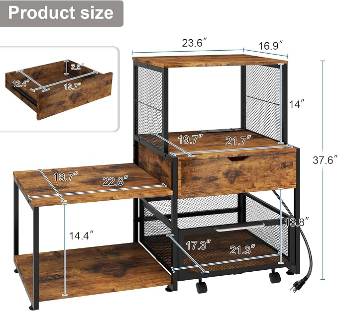 PUNCIA Coffee Bar Cabinet with Mini Fridge Stand Storage & Power Outlet | Microwave Oven Stand & Beverage Refrigerator Table, Built-in Drawer Rolling Basket for Dorm Apartment Pantry Organizer