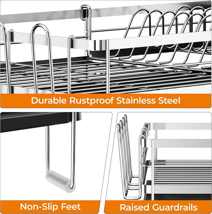 Delamu Stainless Steel Dish Drying Rack, Expandable Dish Drainer, Anti-Rust Large Dish Racks for Kitchen Counter, Dish Strainers with Drainboard, Utensil & Cup Holder, 13.4"-28.7" L x 11.8" W, Silver