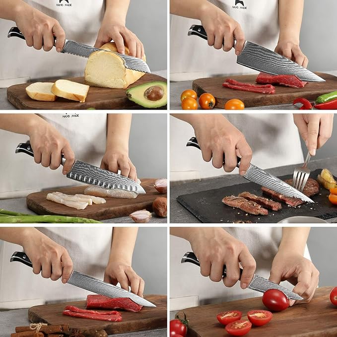 Damascus Kitchen Knife Set with Block, 9-Piece 67-Layer VG10 Damascus Steel Knife Set with Triple-Rivet Handles, Chef, Santoku, Utility, Bread & Paring Knives, Sharpener, Shears, Black