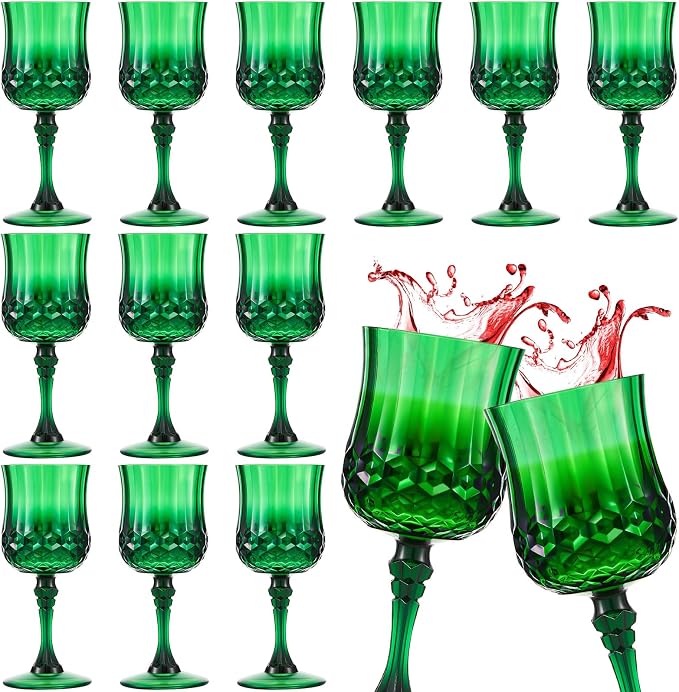 Pinkunn 12 Pcs 7 oz Plastic Vintage Wine Glasses Reusable Colored Goblets Patterned Drinking Water Glasses Cup Dishwasher Safe for Mother's Day Wedding Reception Party Supplies (Green)