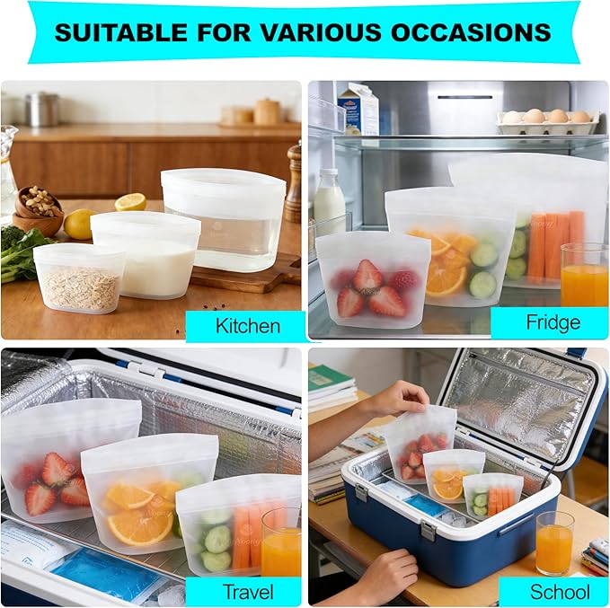 Noony Reusable Silicone Food Storage Bags - Easy to Clean & Odorless - 100% Food-Grade Silicone - Leakproof Stand Up Zip Container for Meal Prep, Snacks, Freezer & Microwave Safe,Set of 3.