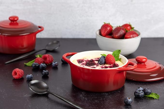 Kook Ceramic Mini Cocotte Set, Small Casserole Dishes with Lids and Handles, Individual Baking Ramekins, Oven safe 350F, Microwave & Dishwasher Safe, Stoneware, 12 oz, Set of 4, (Crimson Ombre)