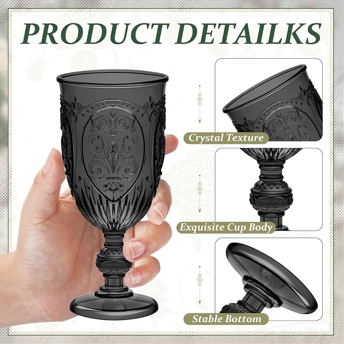 Wiwiqing 24 Pcs Plastic Goblets 7.5oz Vintage Goblet Plastic Wine Glasses Colored Retro Embossed Water Goblets for Wine Bar Juice Baby Shower Wedding Reception Grand Event Party (Black)