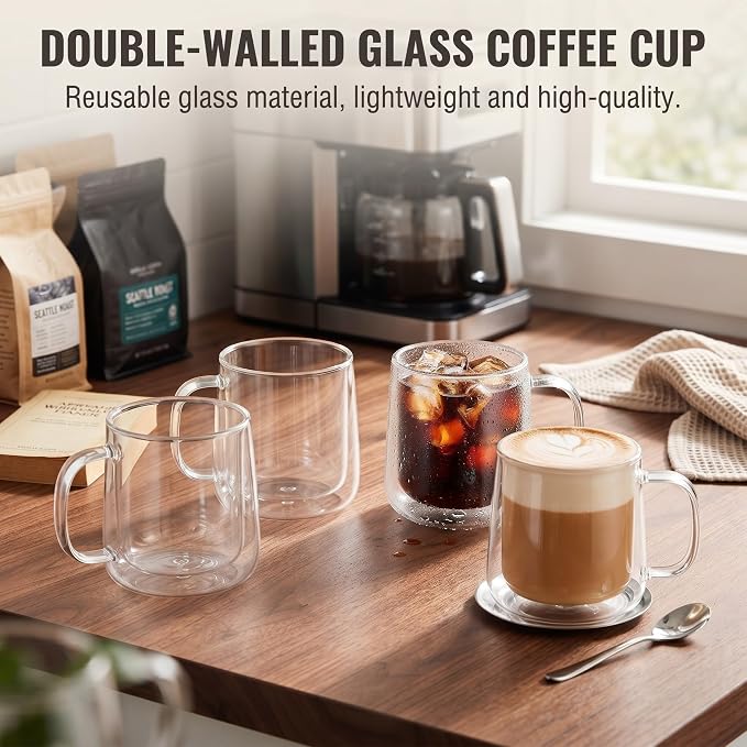 Patelai Glass Coffee Mugs Set of 4, 12 oz Clear Double Walled Coffee Cups Glasses Insulated Latte Mugs with Handle Espresso Clear Cups for Hot and Cold Beverages
