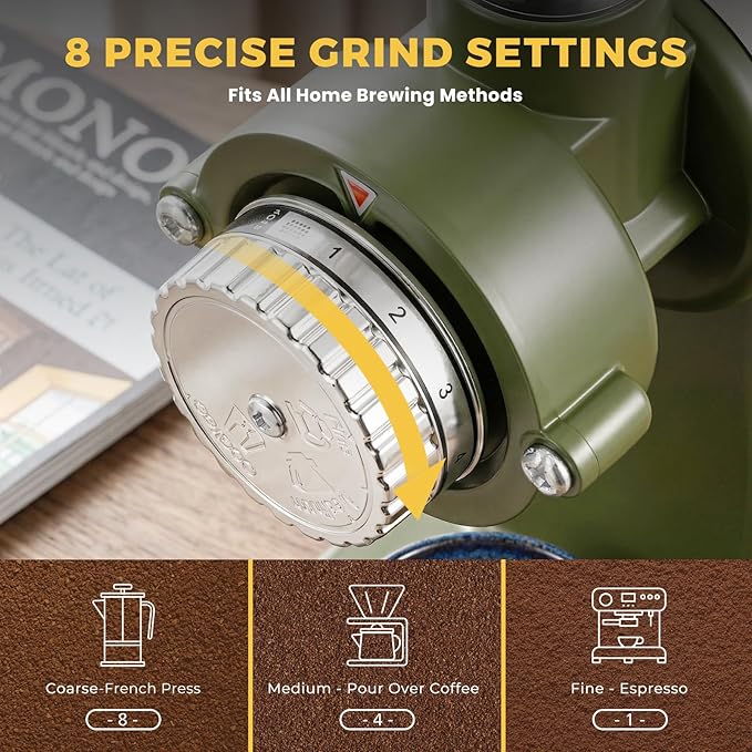 Electric Burr Coffee Grinders for Home Use, 8 Adjustable Settings Stainless Steel Flat Burr, Quiet Low Static Design for Espresso Pour Over French Press, Cream Style Green