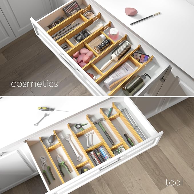 EcoFives Adjustable Bamboo Drawer Dividers with Inserts, Expandable Spring-Loaded Drawer Organizer for Kitchen, Clothes, Tools, Silverware, Bamboo Organizer Separators - 6 Large Pieces