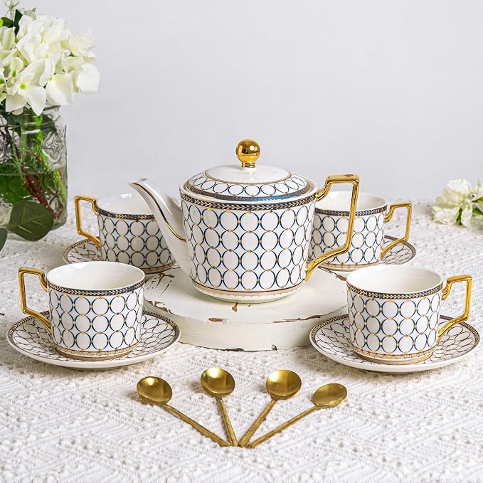 7 Oz Bone China Blue Tea Cup and Saucer Service for 4, Afternoon Porcelain Tea Set with Teapot, Tea Sets For Women Tea Party.